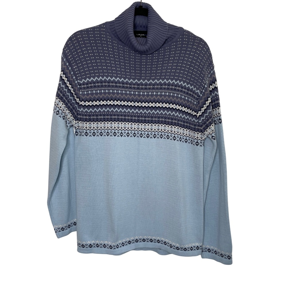 Style & Co Petite‎ Blue Fair Isle Turtleneck Sweater Womens Large L Cotton Blend
